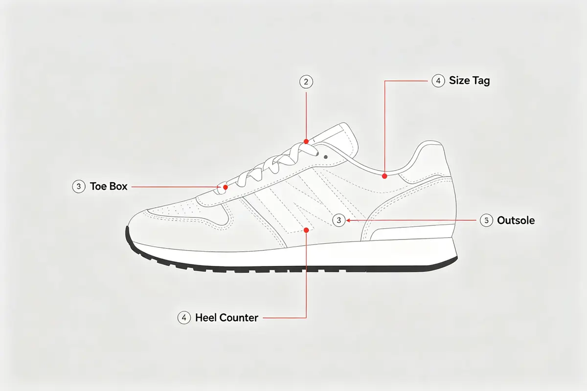 Shoe areas to inspect in Kakobuy QC photos, including toe box, heel, size tag and outsole