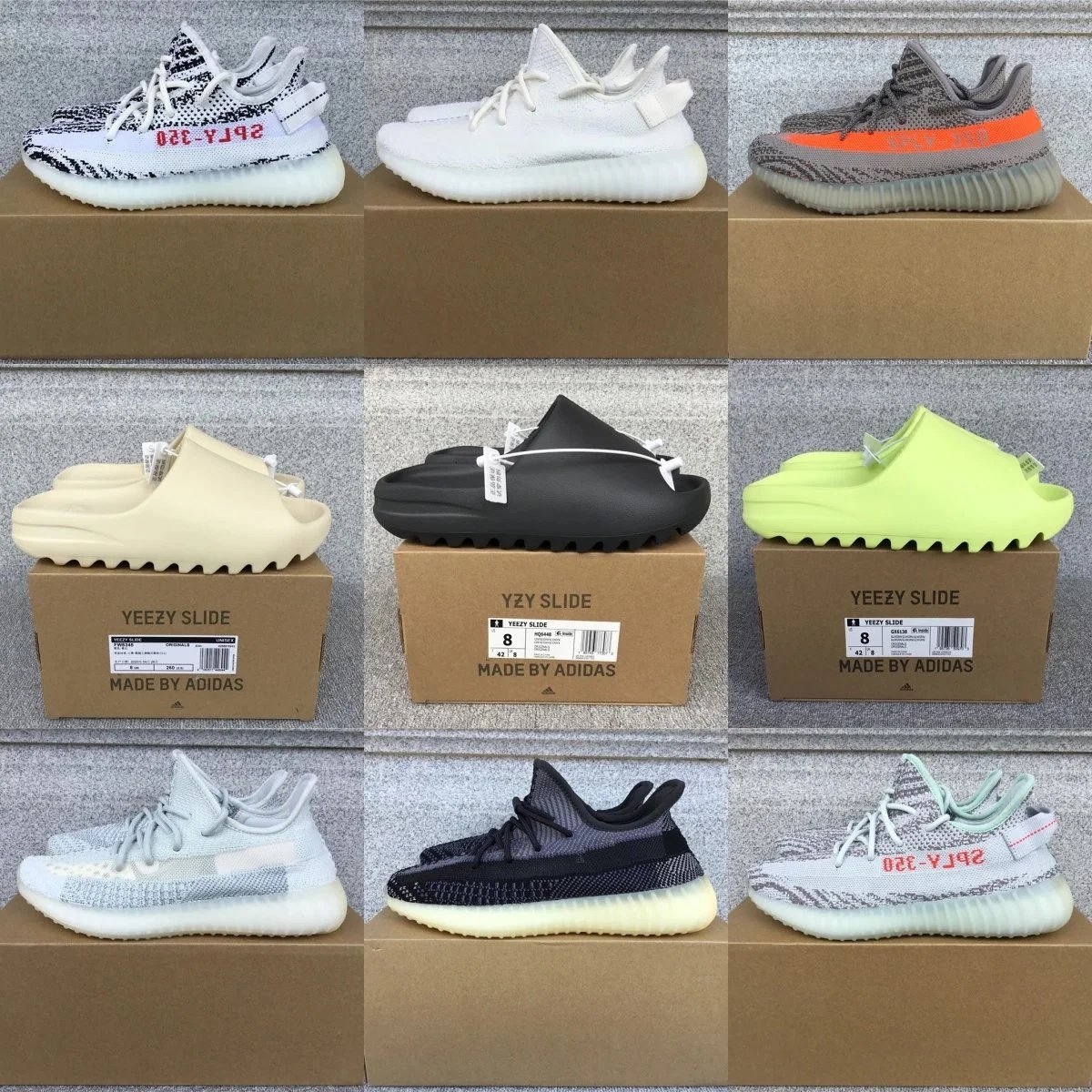 Adidas Yeezy Boost 350 V2 and Yeezy Slide Chunky Sneakers and Slides Multicolor
