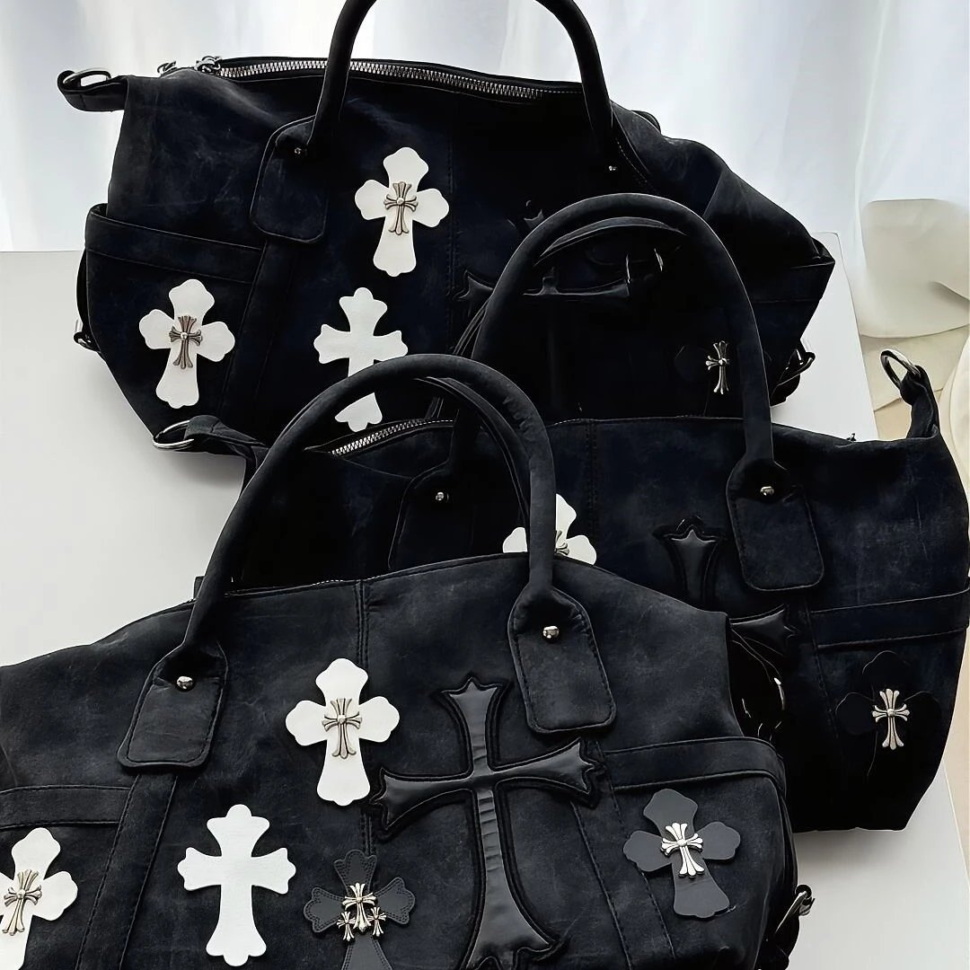 Chrome Hearts Cross Patch Suede Travel Duffle Bag Black