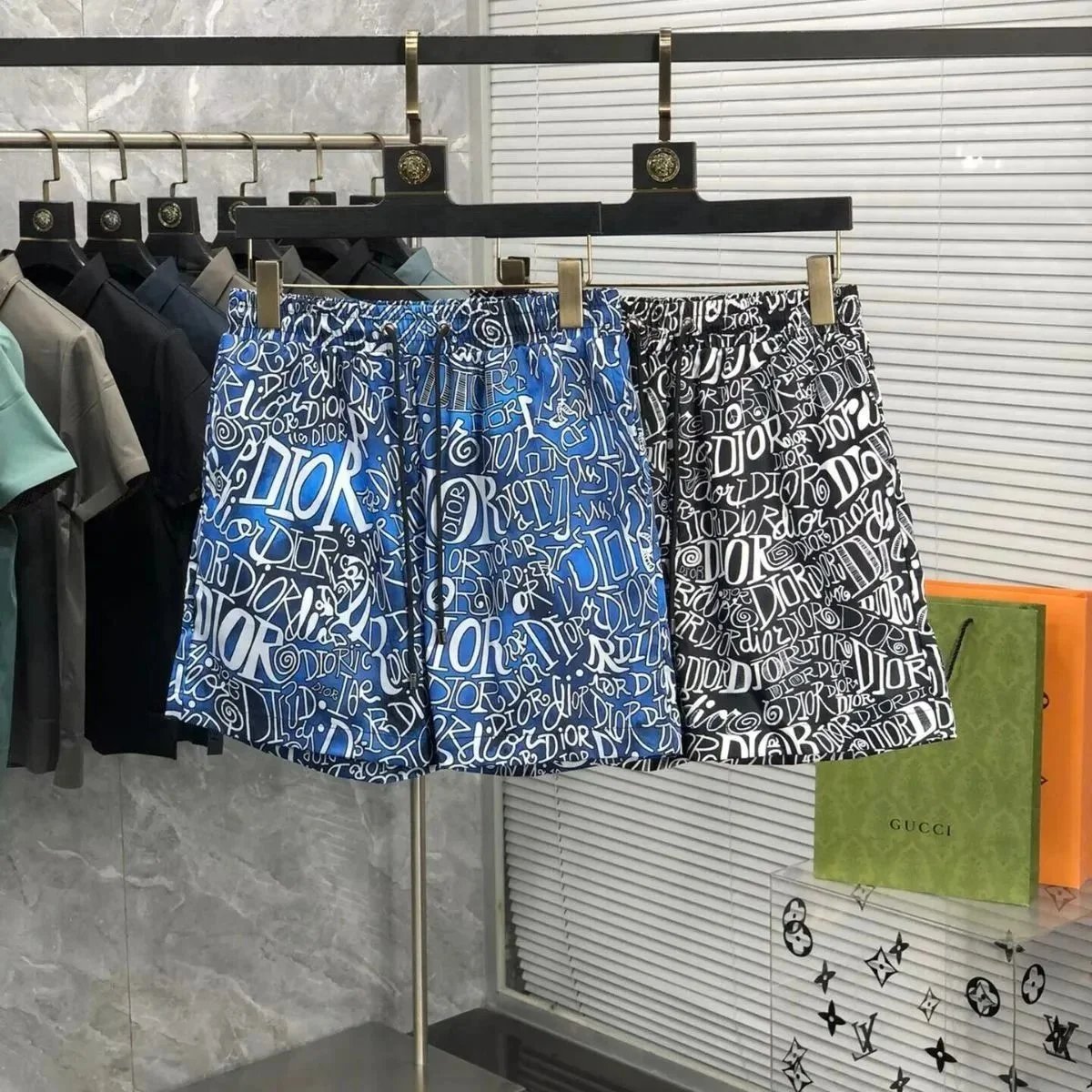 Dior Graffiti Print Casual Shorts Blue and Black