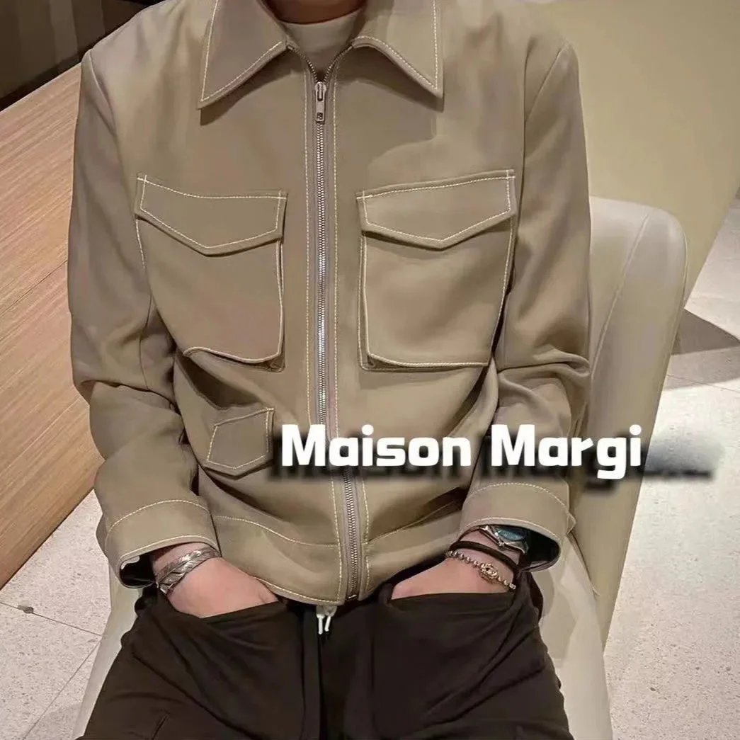 Maison Margiela MM Contrast Stitch Zip-Up Jacket Beige