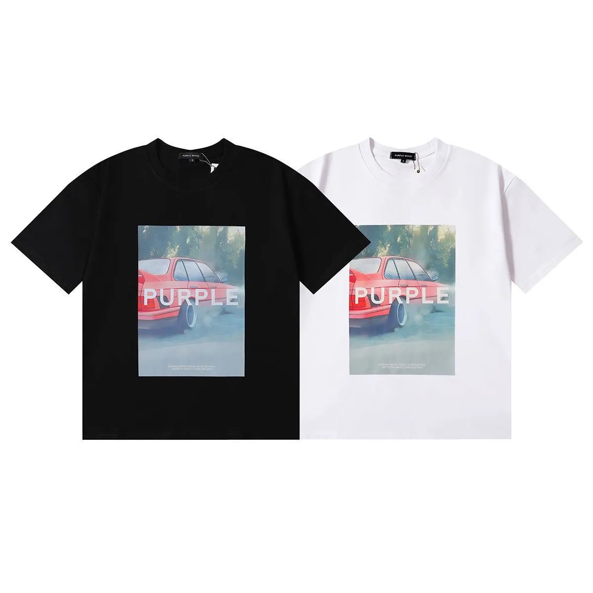 Purple Brand Car Graphic Print Graphic Tee Black and White