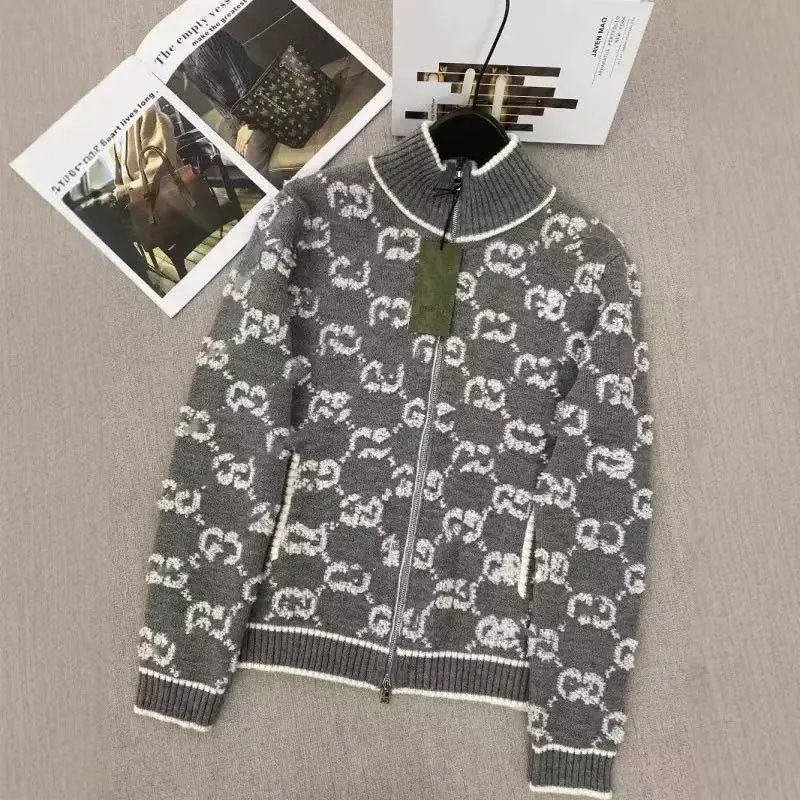 Gucci GG Monogram Knit Zip-Up Sweater Gray
