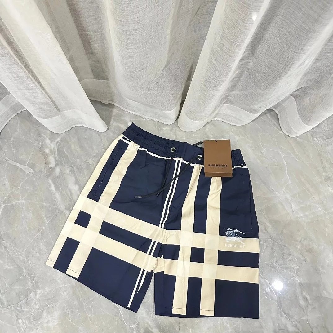 Burberry Check Print Casual Swim Shorts Navy and Beige