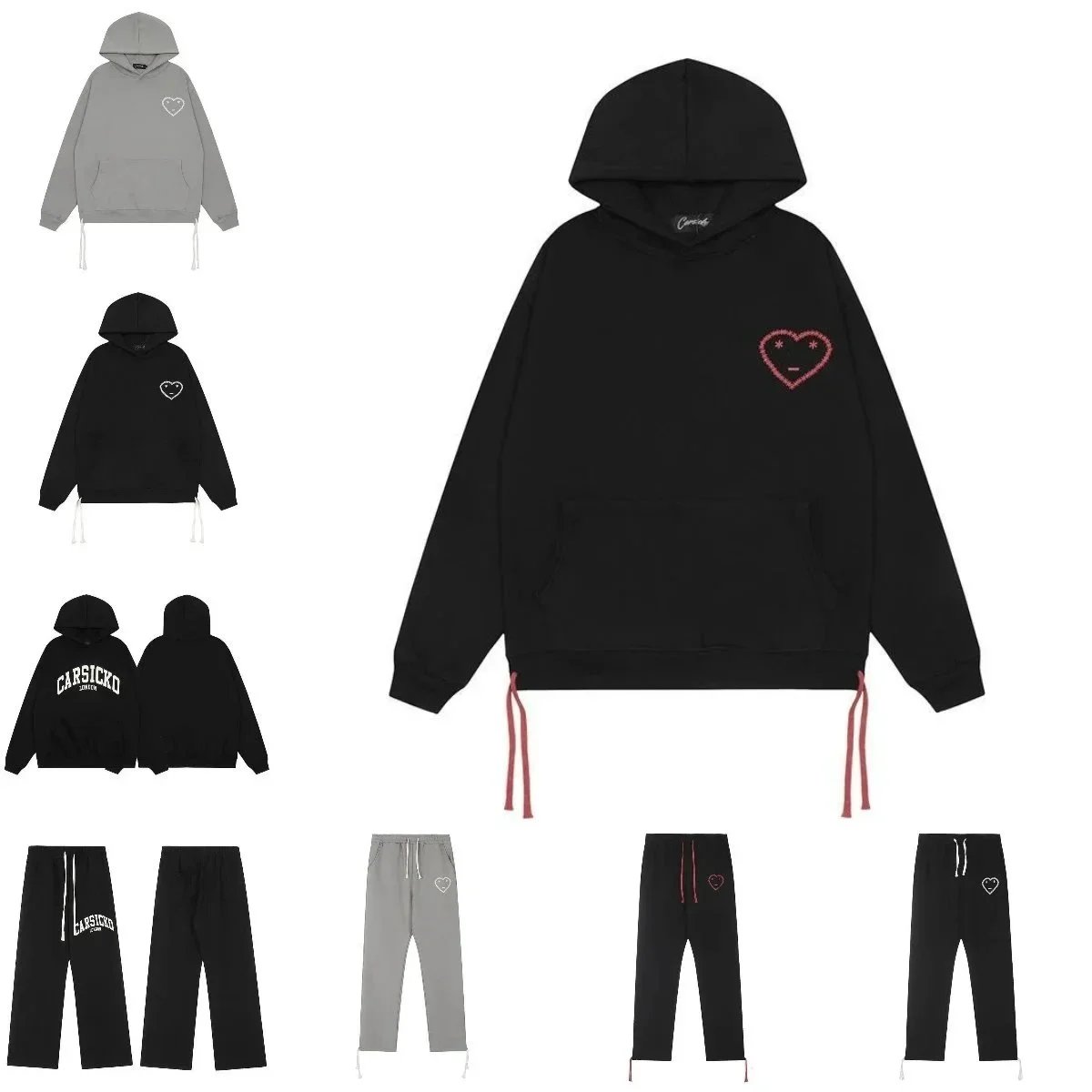 Carsicko Heart Print Streetwear Tracksuit Set Black