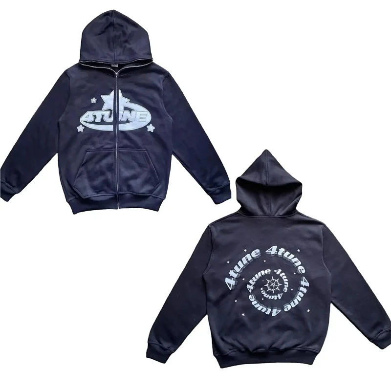 4tune Graphic Zip-Up Streetwear Hoodie Black