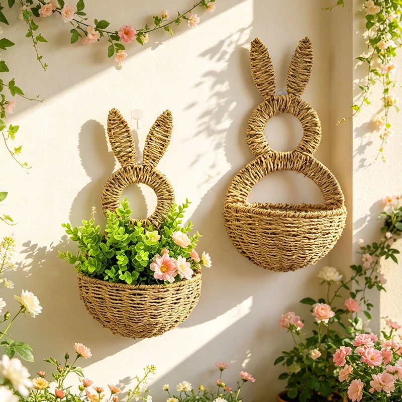Creative Wall Decor Straw Rabbit Pendant Wall Decor Handwoven Hanging Basket Wall Flower Basket