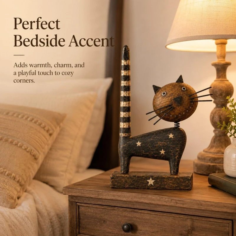Wooden Cat With Metal Accents Original Wooden Cat Ornament Home Decor | Decorative Figurine