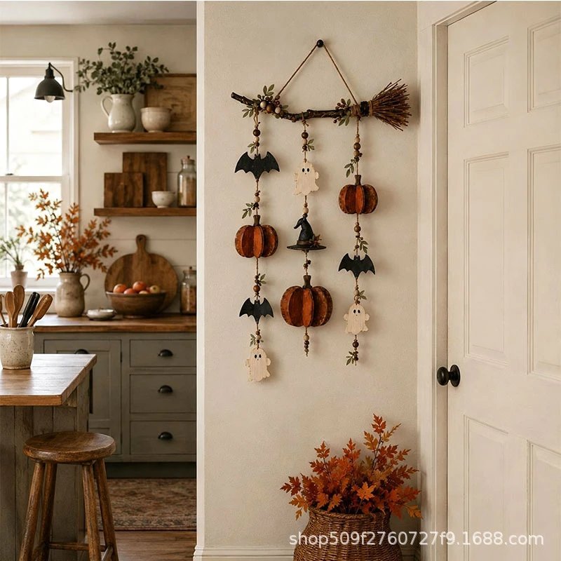 /witch Broom Wall Hanging Retro Wooden Pumpkin Witch Broom Wall Hanging | Wall Decor