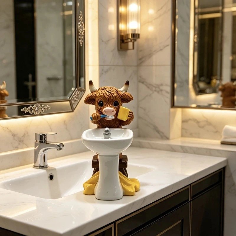 Decorative Mini Calf Resin Ornament - Highland Calf Brushing Teeth With Toothbrush And Mouthwash Cup | Decorative Figurine