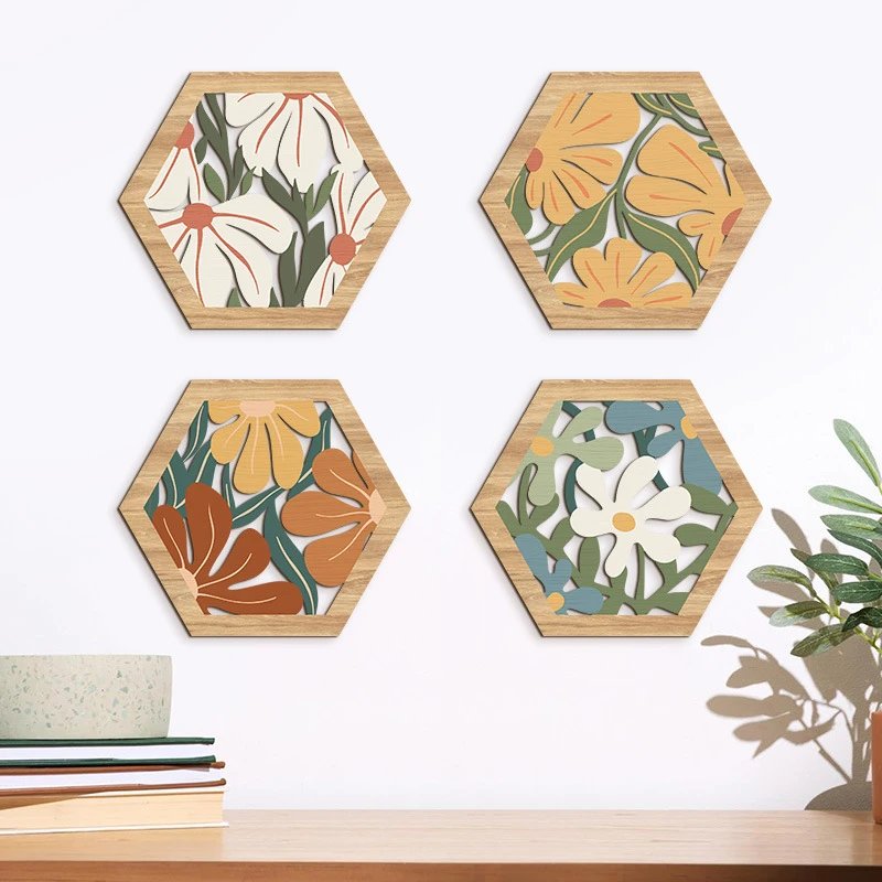 Bohemian Flowers And Plants Wooden Hanging Wall Decor Morandi Geometric Hollow Home Hanging Wall Decor