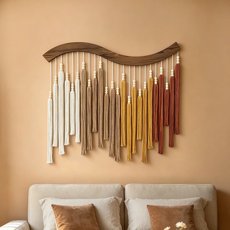 Bohemian Handmade Tassel Solid Wood Tapestry Light Luxury Retro Bedroom Bedside Wall Decor Wall Hanging Wall Decor