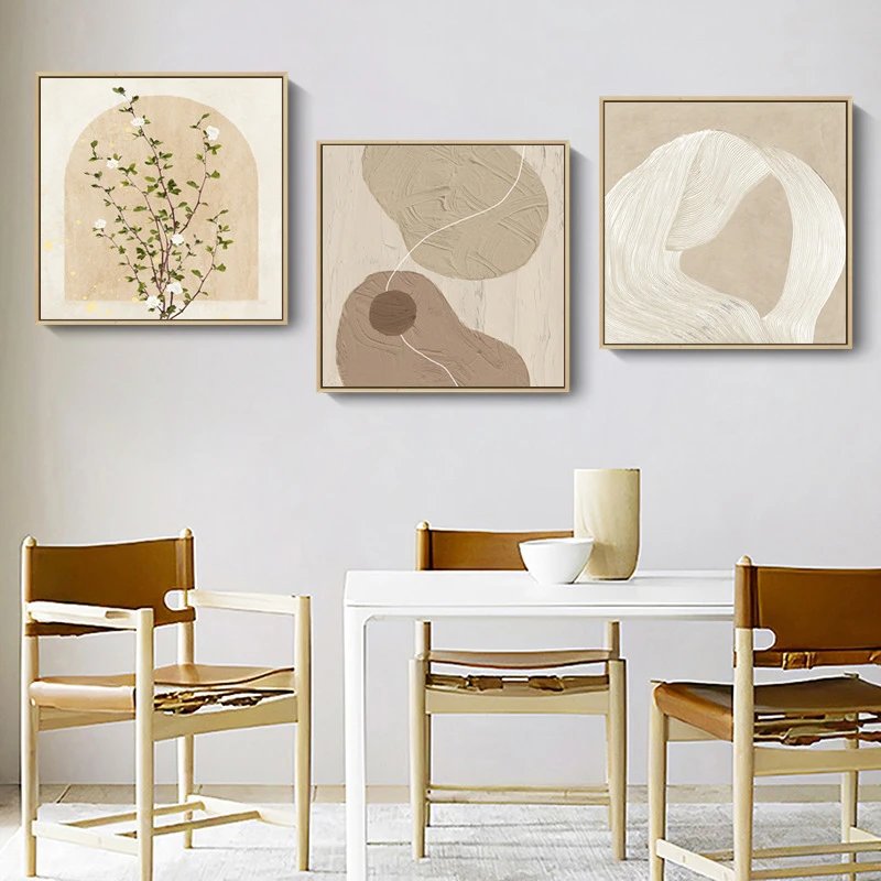 Modern Simple Cream Style Floral Abstract Decorative Painting For Living Room Nordic Triptych Square Log | Home Decor