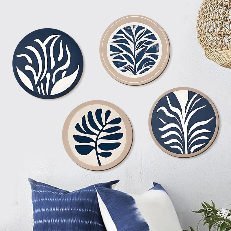 Bohemian Style Round 4-piece Set Of Wooden Pendants Retro Simple Blue Plant Print Wall Decor Wall Hanging