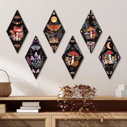 Retro Bohemian Style Plant Mushroom Wall Decor Pendant Geometric Rhombus Wooden Wall Hanging Wall Decor
