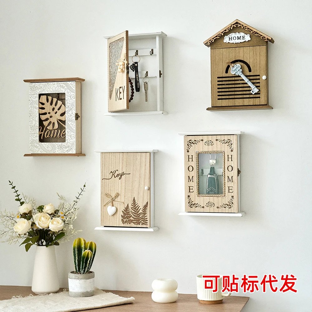 Creative Wooden Retro Wall Hanging Key Box Entrance Key Box Wall Pendant Warm Ins Small House Storage Box | Wall Decor