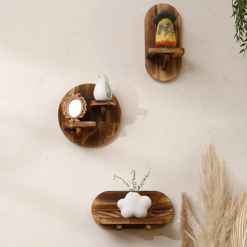 Charcoal-fired Oval Shape Wooden Decorative Craft Wall Shelf Simple Home Bedroom Living Room Decor | Storage Organizer