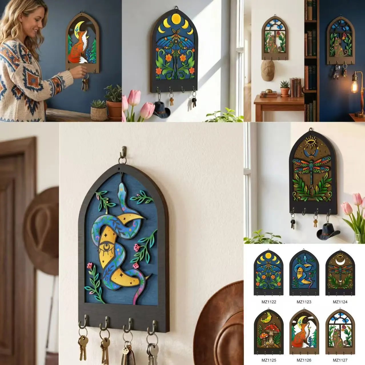 Mz1122-1127 Bohemian Style Wooden Key Hook Hanger Home Decor Key Tag