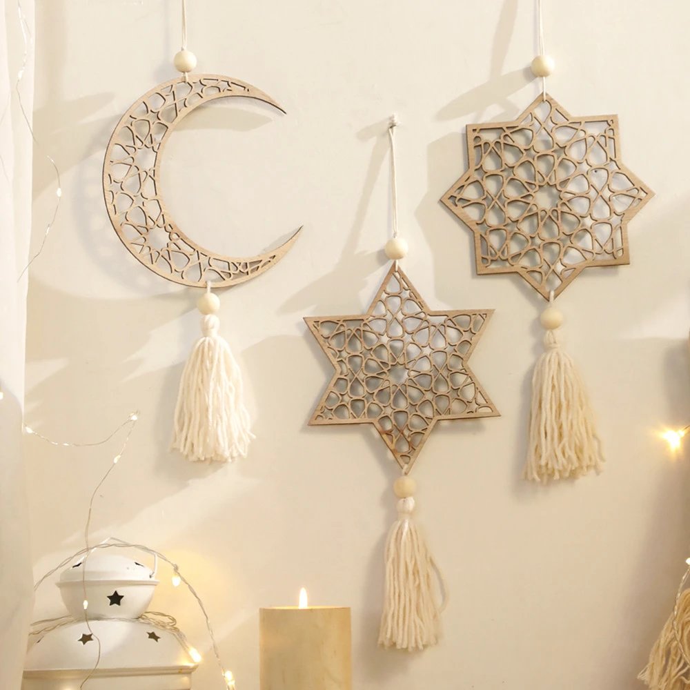 Star And Moon Hollow Wooden Pendant Simple Home Bedroom Wall Decor Hanger Decor Wholesale