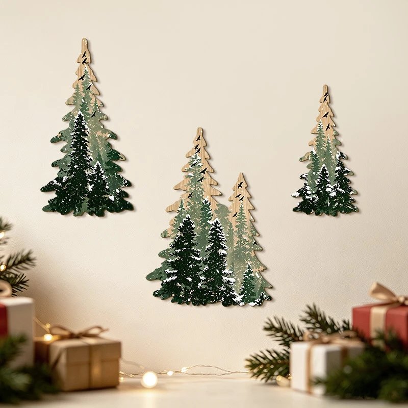 Christmas Wooden Sign Winter Snow Scene Christmas Tree Wall Hanging Wall Decor Festive Atmosphere Wall | Christmas Decor