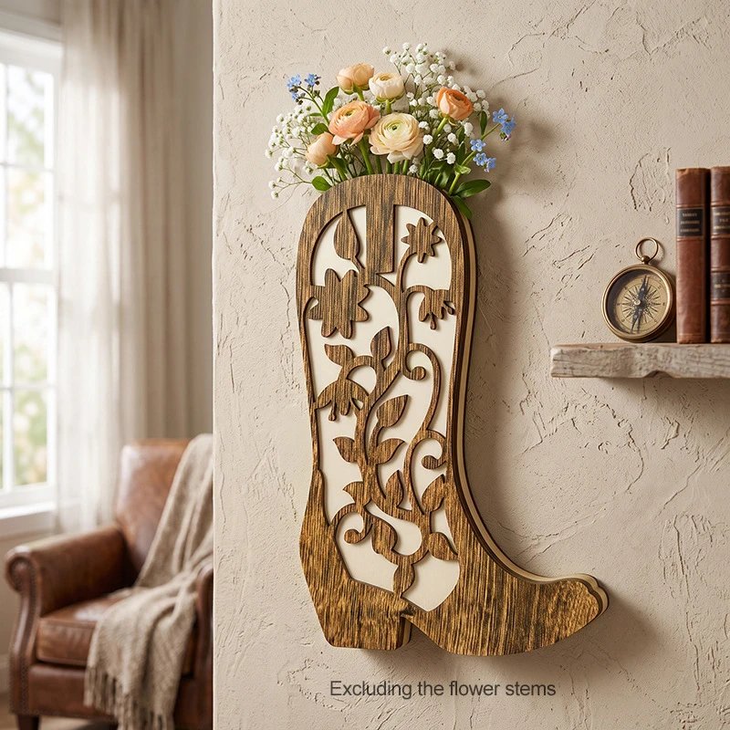Bohemian Style Plant Pattern Wooden Cowboy Boots Vase Country Style Wall Hangings Wall Hangings | Wall Decor