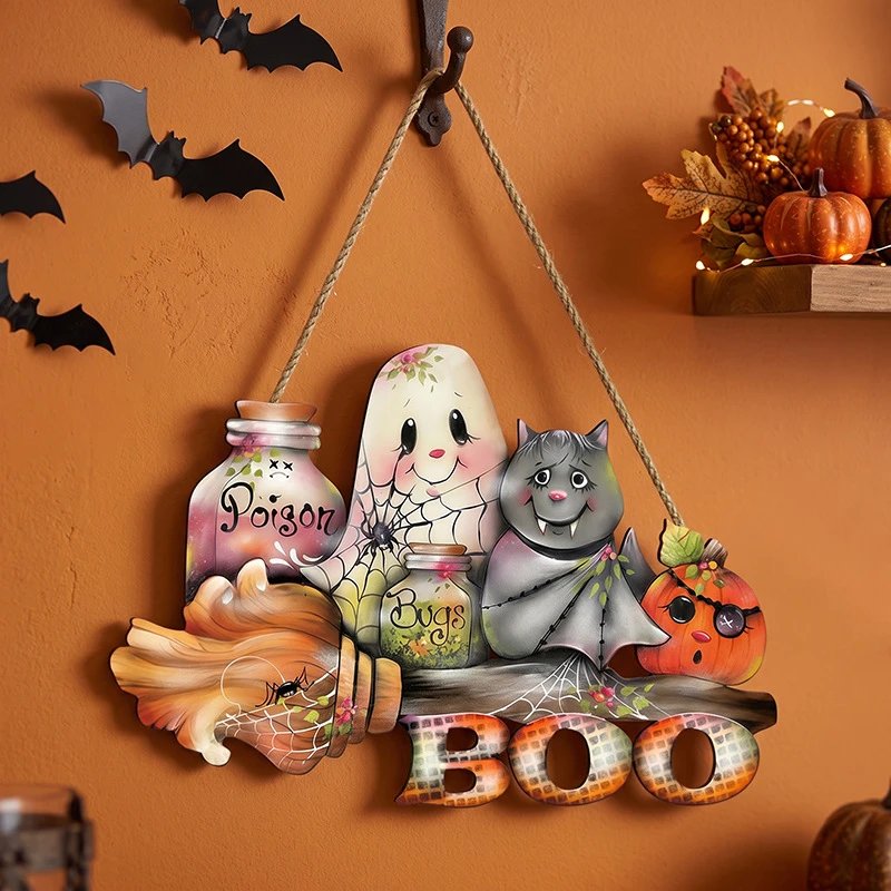 Halloween Decor Brand Ghost Boo Pumpkin Holiday Party Decor Wooden Pendant Wall Hanging Wall Decor