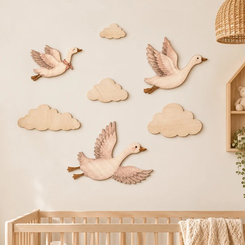 Bohemian Style Cute Goose Wooden Hanging Sign Cloud Animal Wall Hanging Children's Room Wall Decor