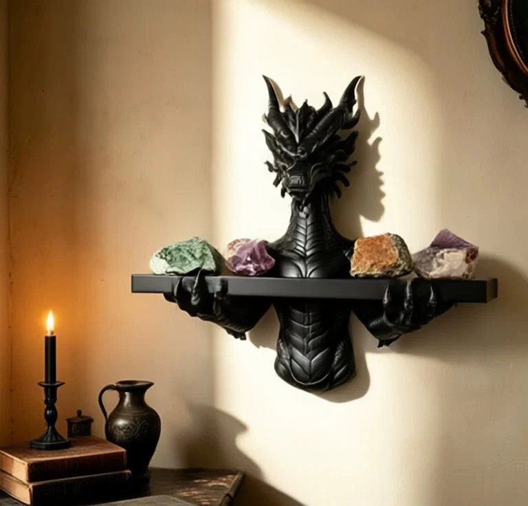 A Black Dragon Embossed Wall-mounted Storage Rack Gothic Style Wall Display Shelf Crystal Aromatherapy | Wall Decor