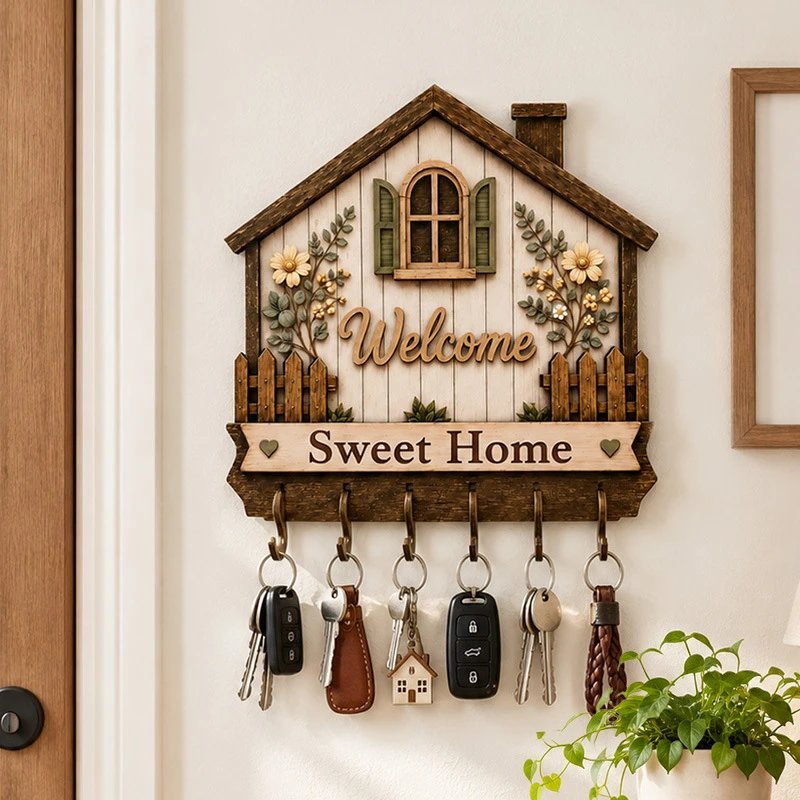 Retro House Style Wooden Key Rack Sweet Home Flower Wall Hanging Wall Decor Wood Art Decorative Pendant