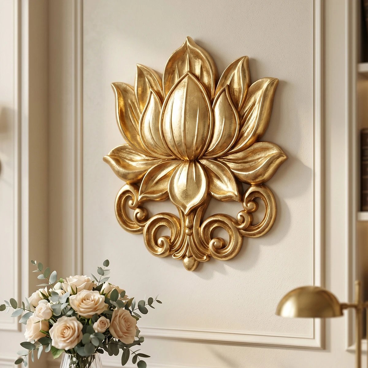 European Light Luxury Style Golden Lotus Three-dimensional Relief Shape Decor Hanging Tea Room Entrance Living Room Wall Decor