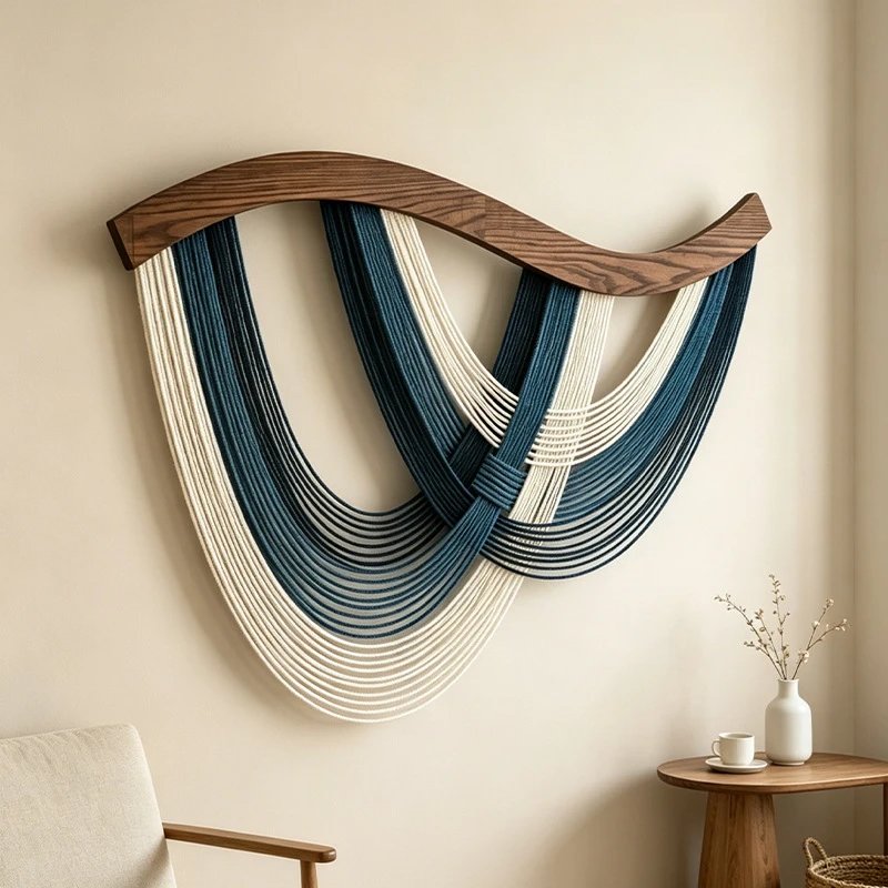 Nordic Ins Style Blue And White Gradient Cotton Rope Woven Tapestry Wavy Solid Wood Pole Wall Art Decor Wall Decor