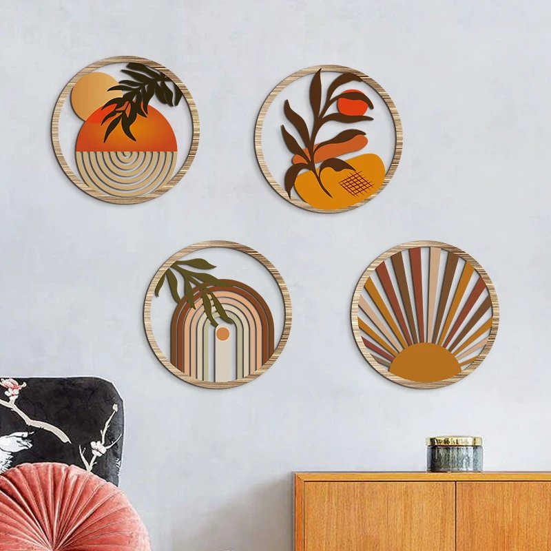 Hot Selling Bohemian Style Hollow Wall Decor Round 4-piece Set Wooden Decorative Craft Hanging Decor
