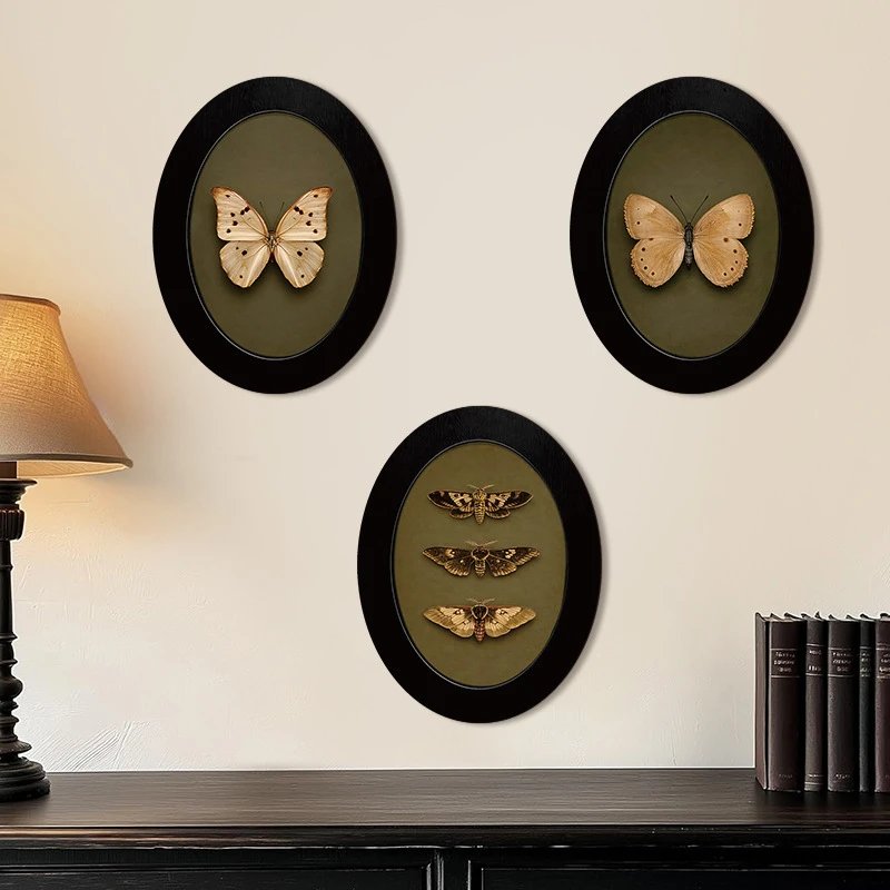 French Retro Style Green Oval Geometric Wooden Hanging Butterfly Minimalist Wood Art Wall Hanging Wall Decor