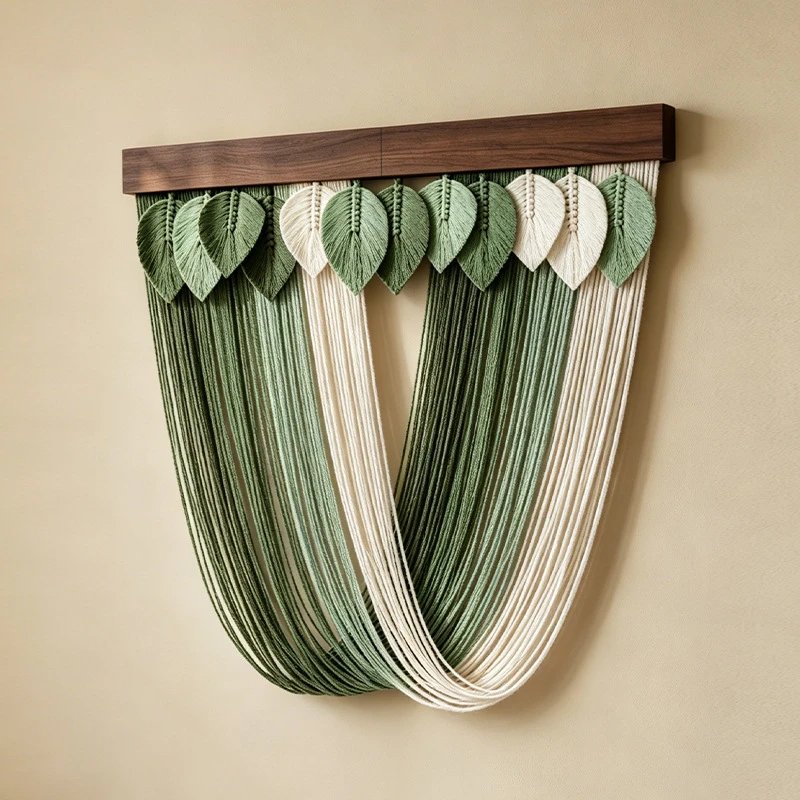 Nordic Home Wooden Pole Leaf Tapestry Long Tassel Woven Wall Decor Bedroom Entrance Wall Decor Hanging