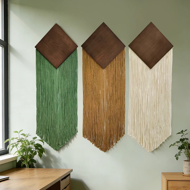 Diamond-shaped Wooden Board Tassel Tapestry Ins Nordic Style Room Decor Hanging Wall Hanging Cotton Rope | Wall Decor