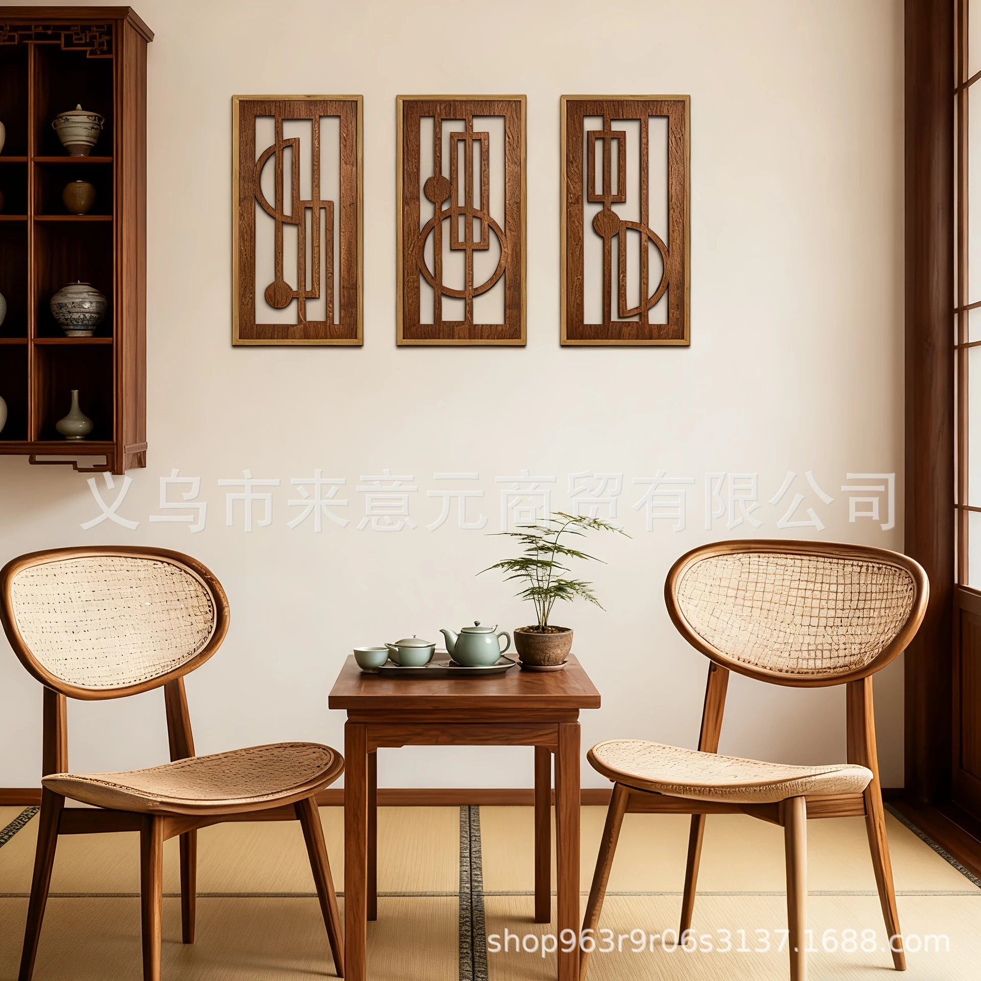 Triple Abstract Geometric Solid Wood Hollow Wall Hanging Chinese Style Wabi-sabi Style Vertical Version Spliced ​​wood Carving Wall Decor