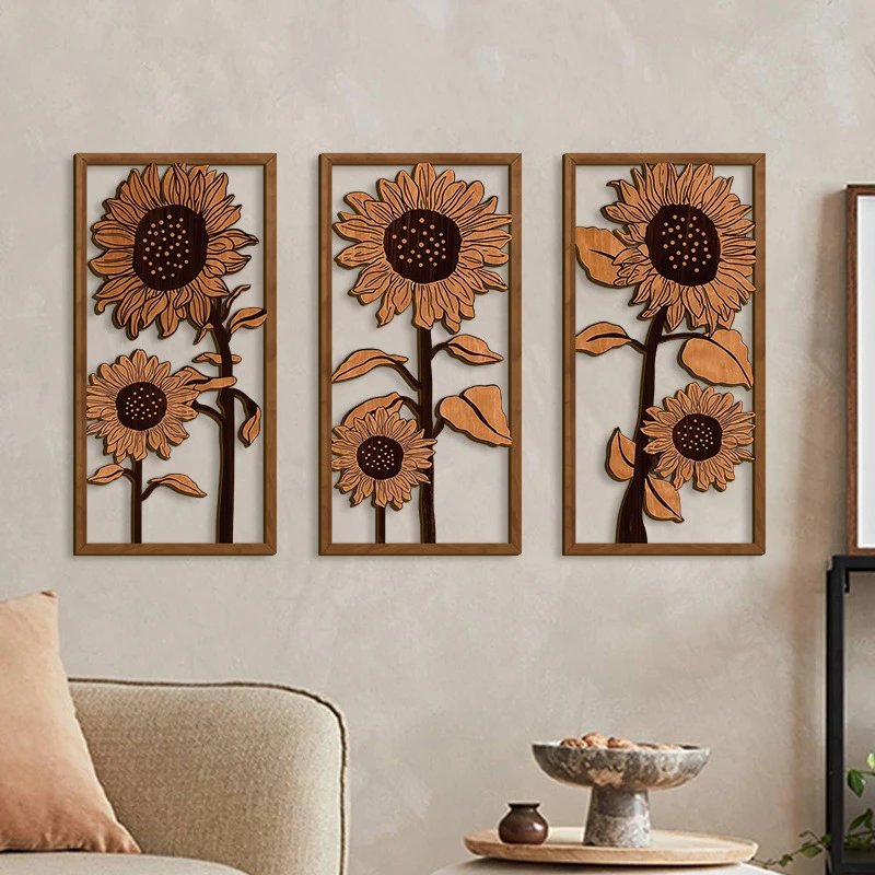 Wooden 3-piece Wall Art Decor Sunflower Wall Hanging Wooden Pendant Farmhouse Style Wooden Wall Decor