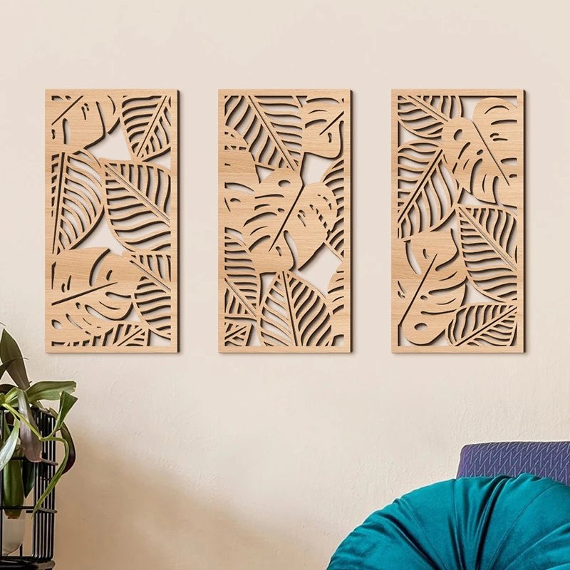 Bohemian Wooden Three-dimensional Carving Decorative Painting Hollow Abstract Plant Living Room High-end Wall Decor