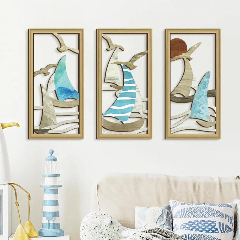 3-piece Ocean Scenery Hollow Wooden Hanging Wall Decor Summer Beach Sailboat Wall Decor Pendant