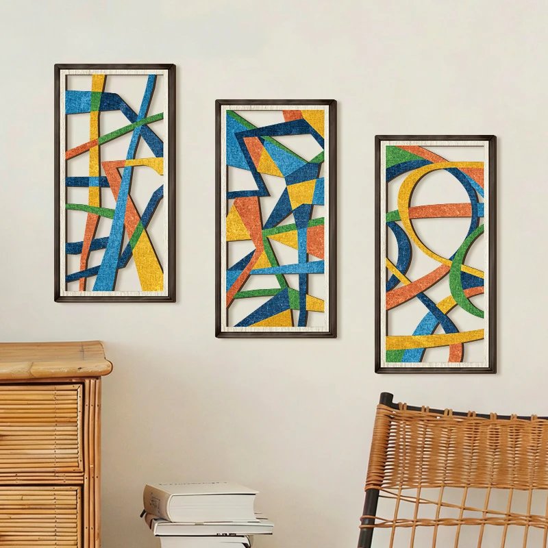 Wooden 3 Piece Set Decorative Hollow Board Colorful Lines Abstract Art Wall Hanging Farmhouse Hanging | Wall Decor
