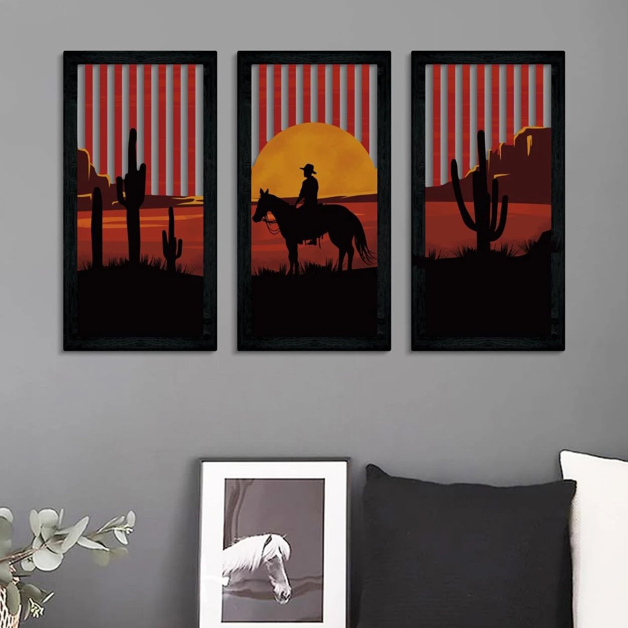 American Retro Western Cowboy Hanging Wooden Sign Desert Cactus Hollow Wood Art Wall Decor Bedroom Wall Hanging
